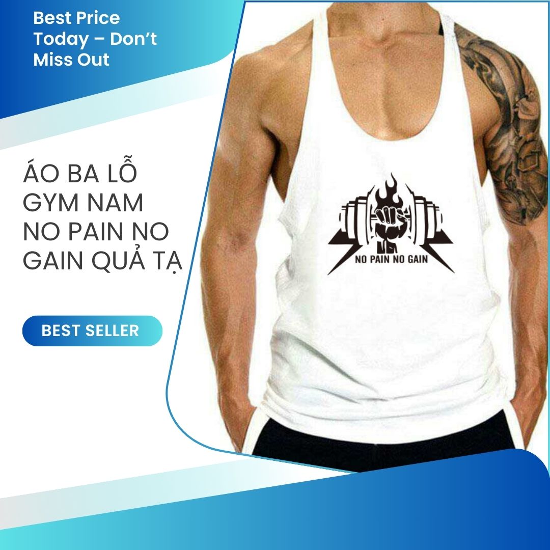 Ba lỗ gym nam NO PAIN NO GAIN quả tạ