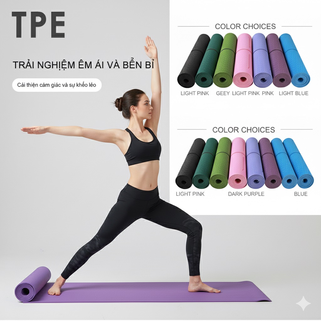 Thảm yoga 1 lớp đơn sắc đường viền cơ thể cao cấp